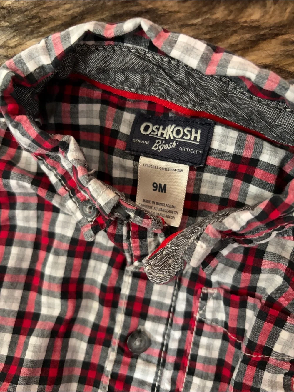 OshKosh B'gosh Red and Gray Plaid Long-Sleeve Baby One-Piece Size 9 Months